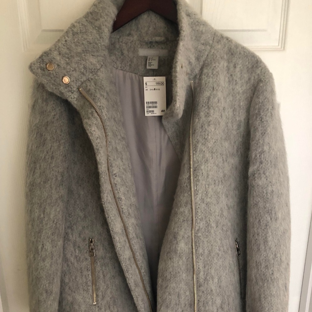 Gray wool blend coat with stand collar (NWT, Women size 8)